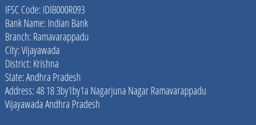 Indian Bank Ramavarappadu Branch Krishna IFSC Code IDIB000R093