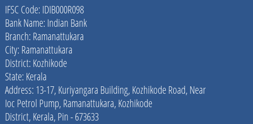Indian Bank Ramanattukara Branch IFSC Code