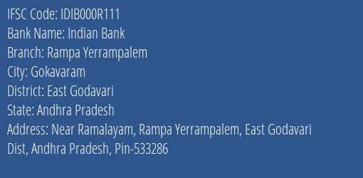 Indian Bank Rampa Yerrampalem Branch East Godavari IFSC Code IDIB000R111