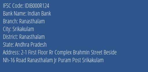 Indian Bank Ranasthalam Branch Ranasthalam IFSC Code IDIB000R124