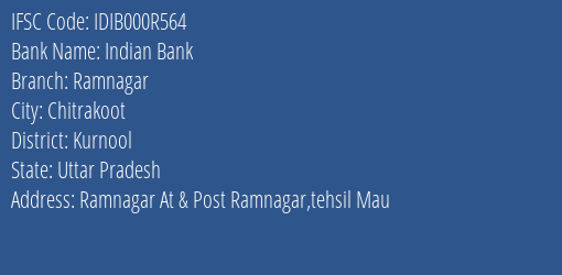 Indian Bank Ramnagar Branch, Branch Code 00R564 & IFSC Code IDIB000R564