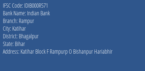 Indian Bank Rampur Branch, Branch Code 00R571 & IFSC Code IDIB000R571
