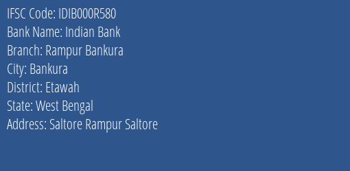 Indian Bank Rampur Bankura Branch Etawah IFSC Code IDIB000R580