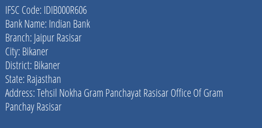 Indian Bank Jaipur Rasisar Branch Bikaner IFSC Code IDIB000R606