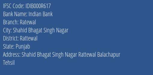 Indian Bank Ratewal Branch Rattewal IFSC Code IDIB000R617