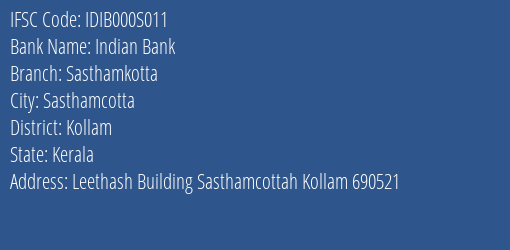 Indian Bank Sasthamkotta Branch, Branch Code 00S011 & IFSC Code IDIB000S011