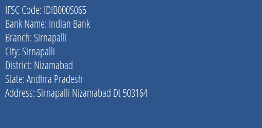 Indian Bank Sirnapalli Branch Nizamabad IFSC Code IDIB000S065