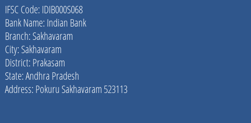 Indian Bank Sakhavaram Branch Prakasam IFSC Code IDIB000S068