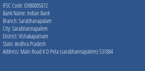 Indian Bank Sarabhanapalam Branch Vishakapatnam IFSC Code IDIB000S072