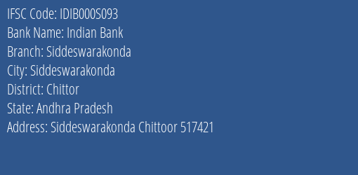 Indian Bank Siddeswarakonda Branch Chittor IFSC Code IDIB000S093