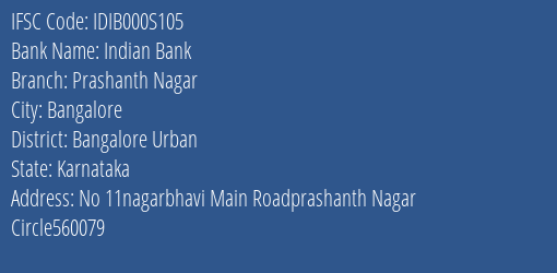 Indian Bank Prashanth Nagar Branch IFSC Code