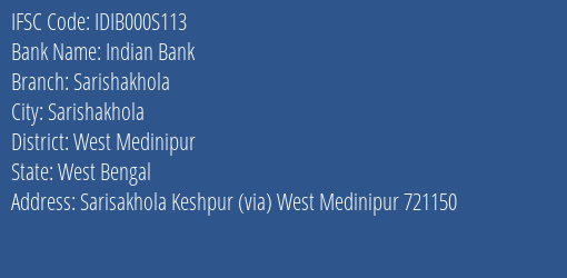 Indian Bank Sarishakhola Branch, Branch Code 00S113 & IFSC Code IDIB000S113