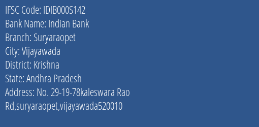 Indian Bank Suryaraopet Branch Krishna IFSC Code IDIB000S142