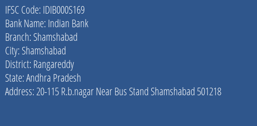 Indian Bank Shamshabad Branch Rangareddy IFSC Code IDIB000S169