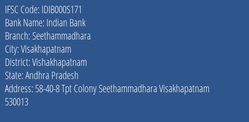Indian Bank Seethammadhara Branch, Branch Code 00S171 & IFSC Code IDIB000S171