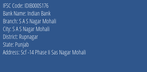 Indian Bank S A S Nagar Mohali Branch Rupnagar IFSC Code IDIB000S176