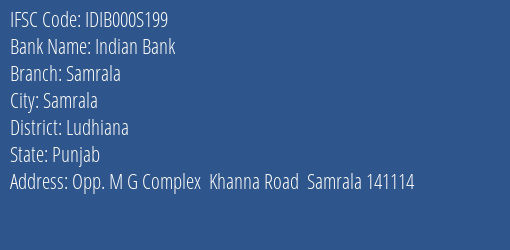 Indian Bank Samrala Branch Ludhiana IFSC Code IDIB000S199