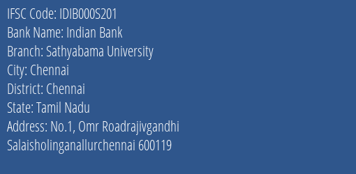 Indian Bank Sathyabama University Branch IFSC Code