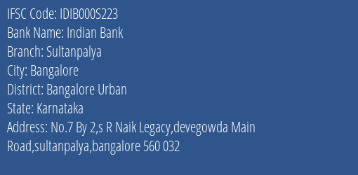 Indian Bank Sultanpalya Branch IFSC Code