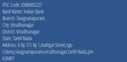 Indian Bank Sivagnanapuram Branch, Branch Code 00S227 & IFSC Code IDIB000S227