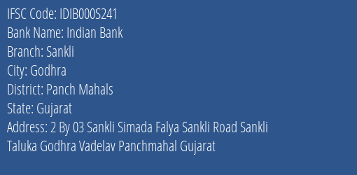 Indian Bank Sankli Branch, Branch Code 00S241 & IFSC Code IDIB000S241