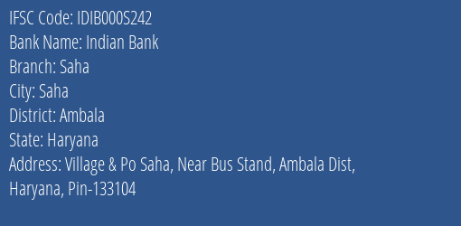 Indian Bank Saha Branch, Branch Code 00S242 & IFSC Code IDIB000S242