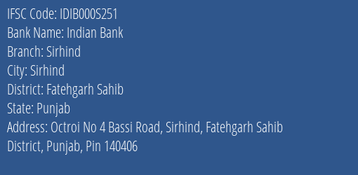 Indian Bank Sirhind Branch Fatehgarh Sahib IFSC Code IDIB000S251