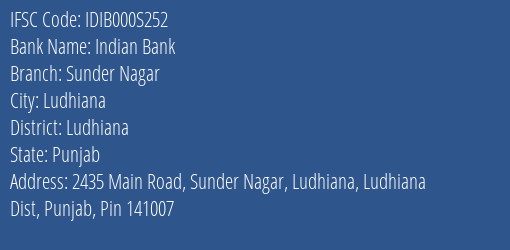Indian Bank Sunder Nagar Branch Ludhiana IFSC Code IDIB000S252