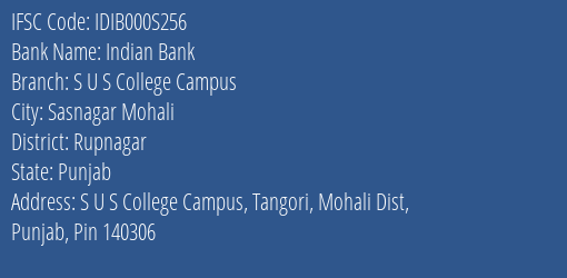 Indian Bank S U S College Campus Branch Rupnagar IFSC Code IDIB000S256