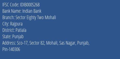 Indian Bank Sector Eighty Two Mohali Branch, Branch Code 00S268 & IFSC Code Idib000s268