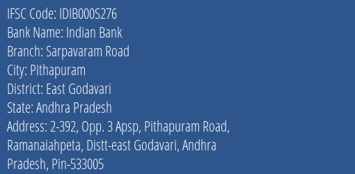 Indian Bank Sarpavaram Road Branch East Godavari IFSC Code IDIB000S276