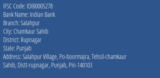 Indian Bank Salahpur Branch Rupnagar IFSC Code IDIB000S278