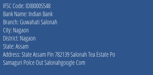 Indian Bank Guwahati Salonah Branch Nagaon IFSC Code IDIB000S548