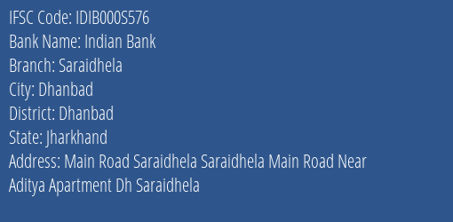Indian Bank Saraidhela Branch Dhanbad IFSC Code IDIB000S576