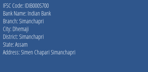 Indian Bank Simanchapri Branch Simanchapri IFSC Code IDIB000S700