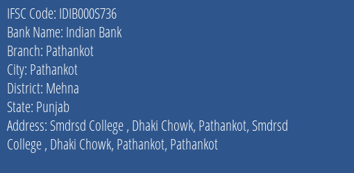 Indian Bank Pathankot Branch Mehna IFSC Code IDIB000S736