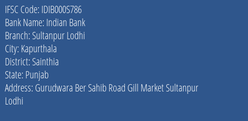 Indian Bank Sultanpur Lodhi Branch Sainthia IFSC Code IDIB000S786