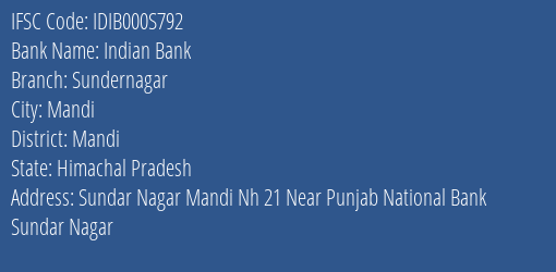 Indian Bank Sundernagar Branch IFSC Code