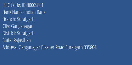 Indian Bank Suratgarh Branch Suratgarh IFSC Code IDIB000S801