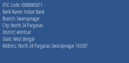 Indian Bank Swarupnagar Branch, Branch Code 00S811 & IFSC Code IDIB000S811