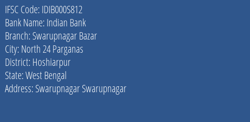 Indian Bank Swarupnagar Bazar Branch IFSC Code