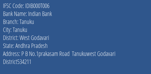 Indian Bank Tanuku Branch West Godavari IFSC Code IDIB000T006