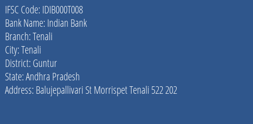 Indian Bank Tenali Branch Guntur IFSC Code IDIB000T008