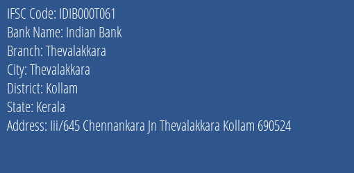 Indian Bank Thevalakkara Branch, Branch Code 00T061 & IFSC Code IDIB000T061