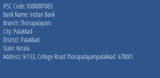 Indian Bank Thorapalayam Branch Palakkad IFSC Code IDIB000T083