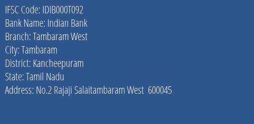 Indian Bank Tambaram West Branch Kancheepuram IFSC Code IDIB000T092