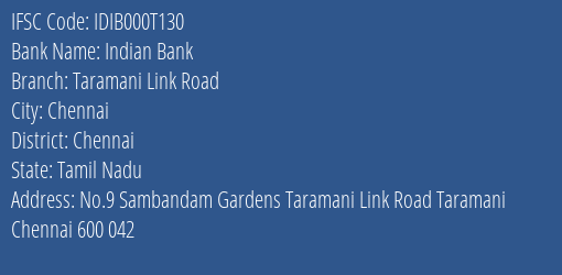 Indian Bank Taramani Link Road Branch IFSC Code