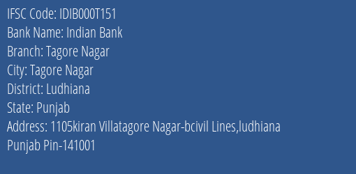 Indian Bank Tagore Nagar Branch Ludhiana IFSC Code IDIB000T151