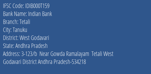 Indian Bank Tetali Branch West Godavari IFSC Code IDIB000T159