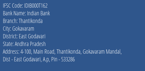 Indian Bank Thantikonda Branch East Godavari IFSC Code IDIB000T162